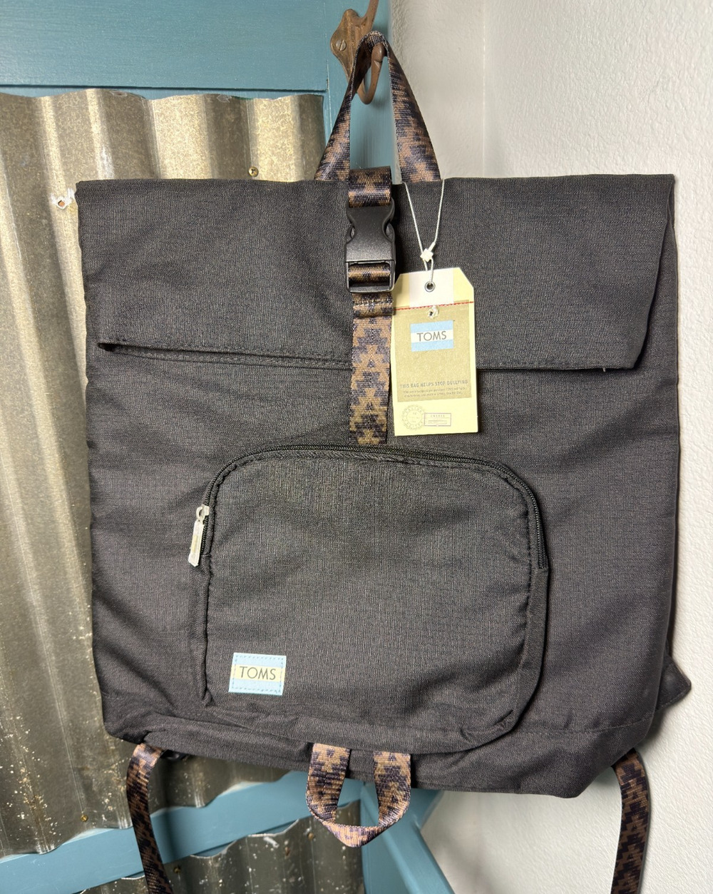 TOMS StandUp Fold Roll-Top Black Backpack Aztec Print Straps Anti-Bullying NWT